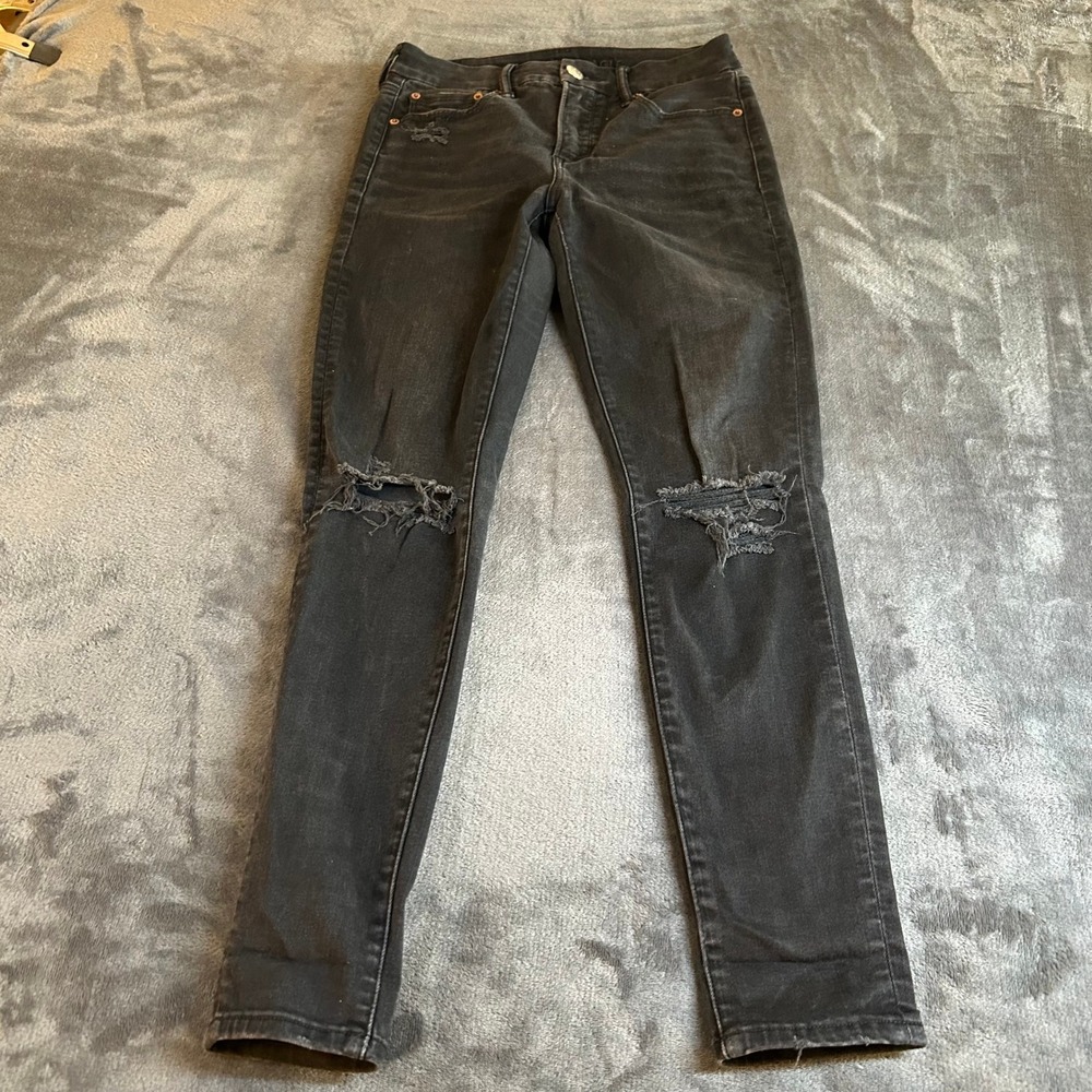 American Eagle Jeans Jeggings Black Wash Distressed Denim Pants Womens size 6